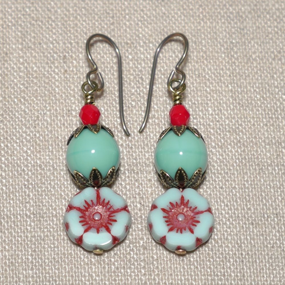 Hand Crafted Handmade Earrings Czech Glass Mint Green & Red Flower Long Earrings